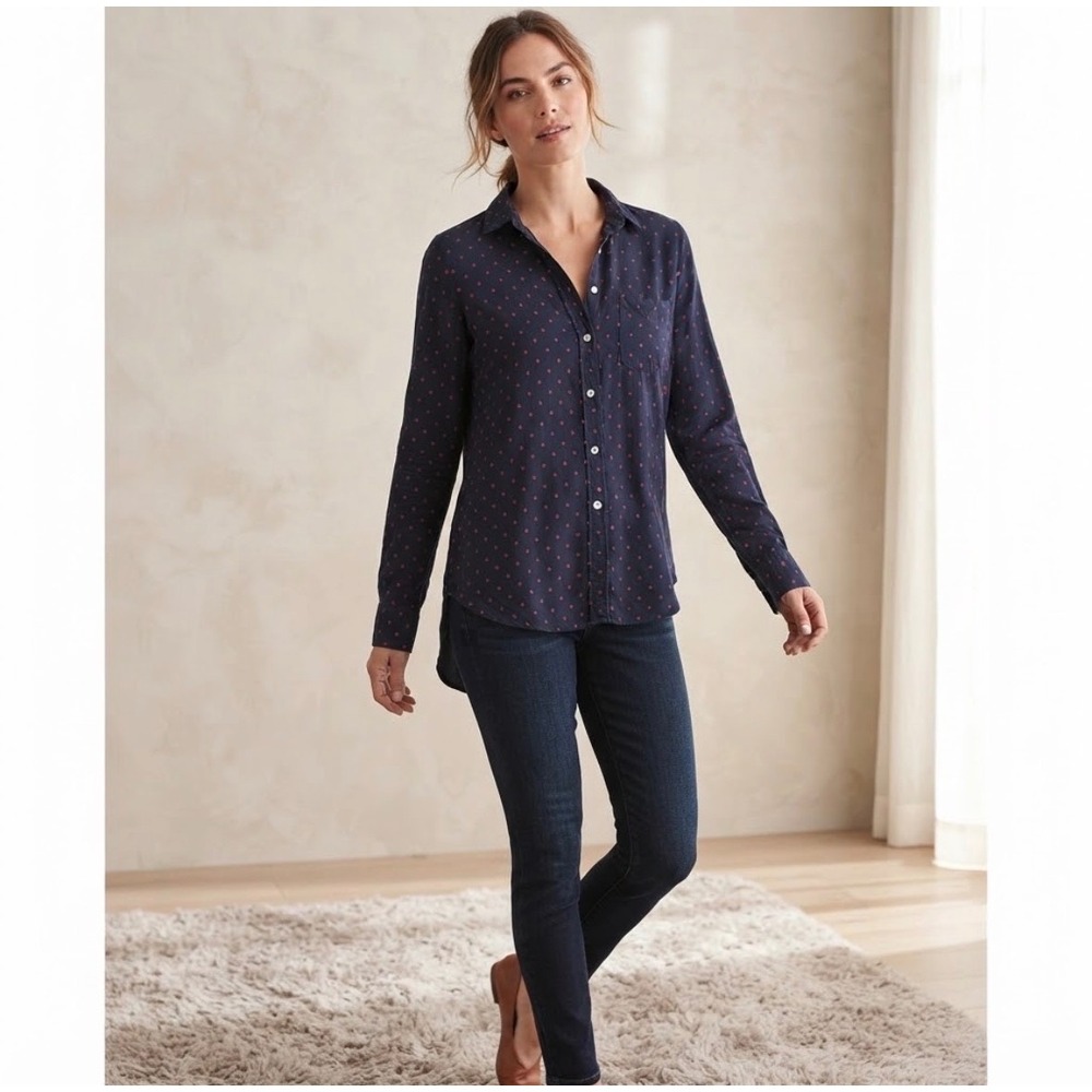 Grayson The Hero Button Down Womens 03 Large Navy Blue Red Ladybug Print Lyocell